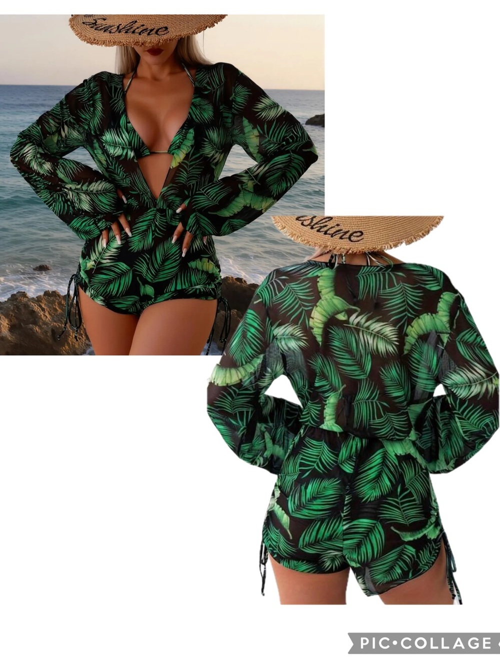 Tropical Palm Leaf Sheer deep plunge Romper Cover-Up Long Sleeve Black Green M - Picture 3 of 16